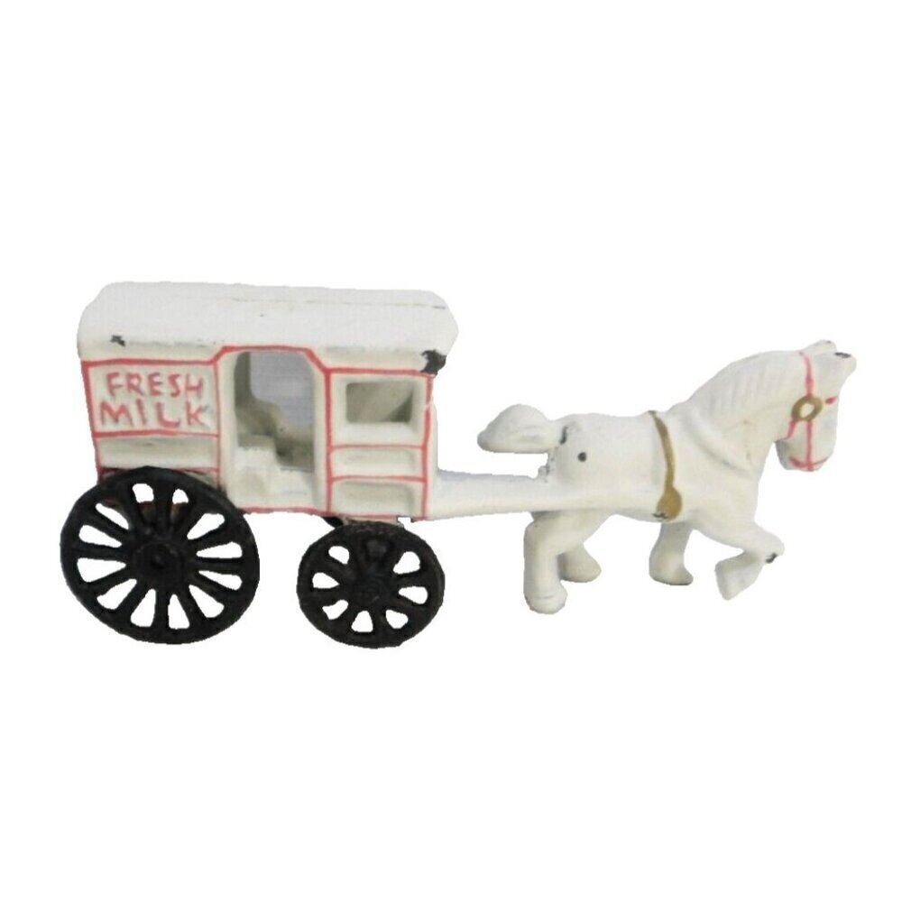 Painted Cast Iron vintage horse and Fresh Milk cart 7" long MISSING ONE WHEEL